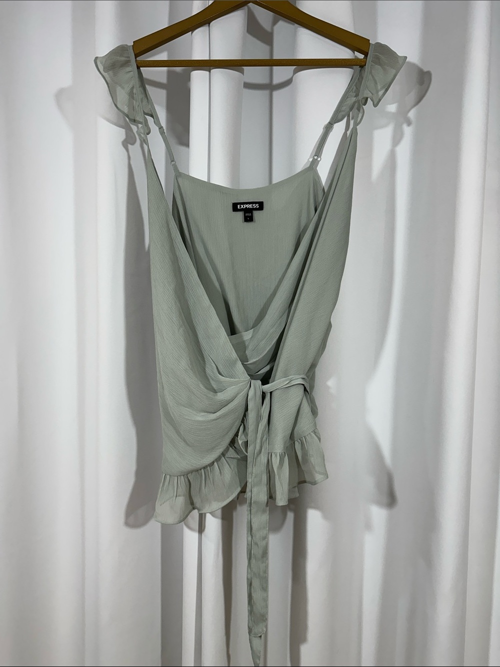 Express Wrap Top Women's Large Sage Green Ruffle Tie Front Blouse